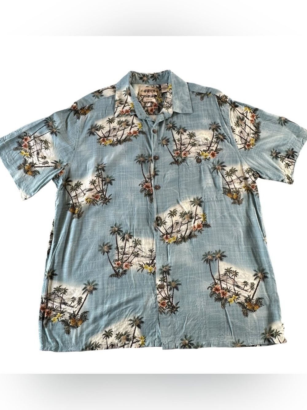 Men's Light Blue Island Print Short Sleeve Button-Down Shirt Large - Picture 1 of 7